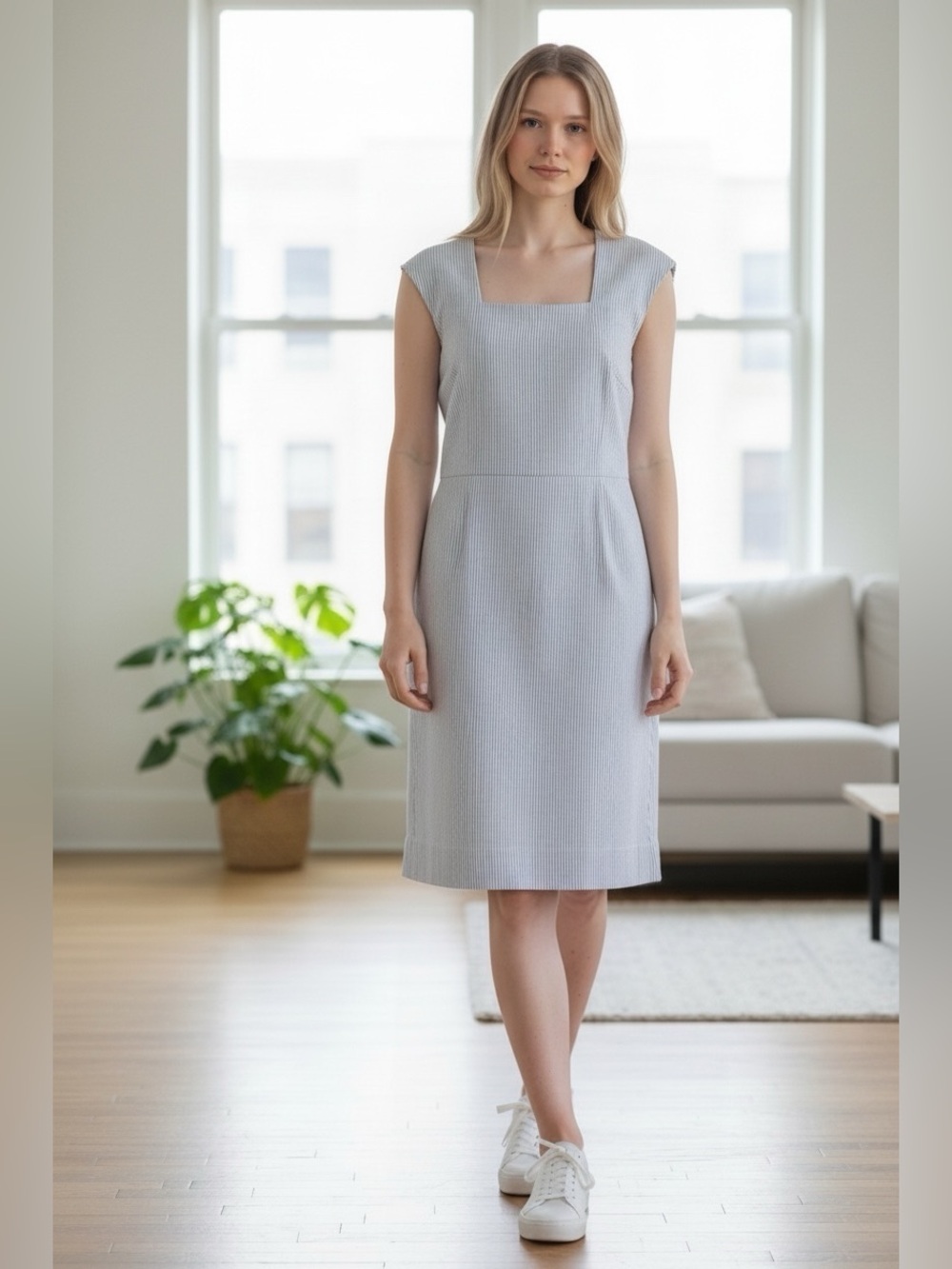 Ann Taylor Elegant Square-Neck Sheath Dress in Blue Pinstripe